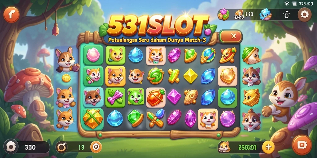 Tampilan gameplay seru dari 531SLOT dengan aksi Match-3 yang penuh warna.