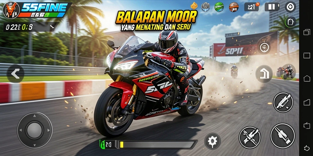 Gameplay balapan motor yang seru dalam 55FIVE.