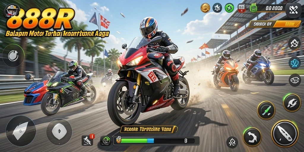 Screenshot utama 888R menampilkan aksi balapan motor yang mendebarkan.