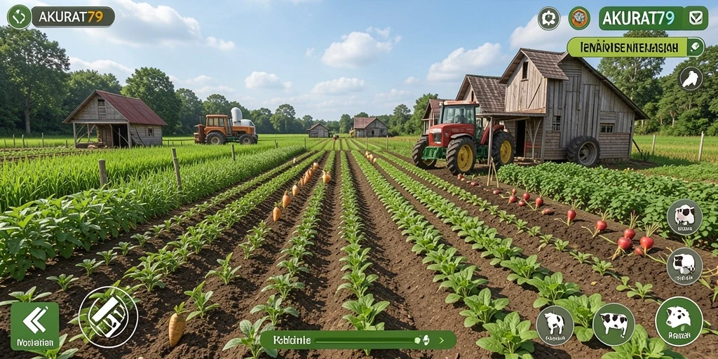 Screenshot gameplay menunjukkan aktivitas di ladang pertanian.