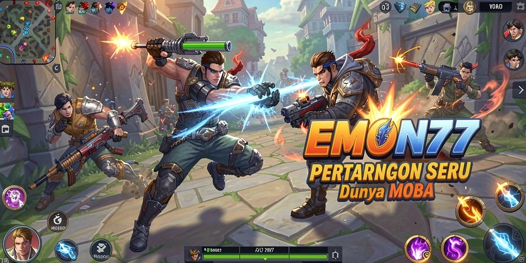 Screenshot utama EMON77 memperlihatkan intensitas pertarungan MOBA yang menegangkan.