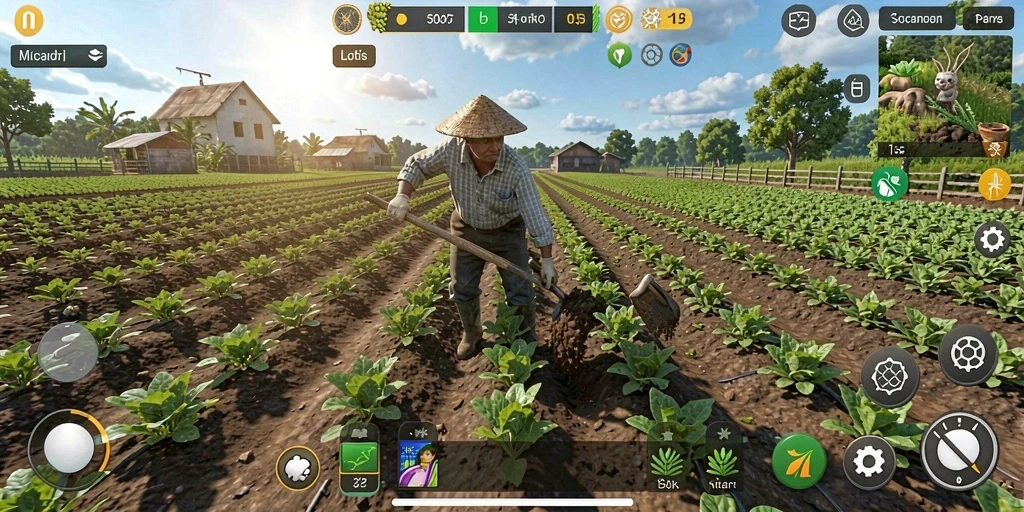 Screenshot gameplay KAGANDAN menampilkan suasana ladang yang hidup dan berwarna.