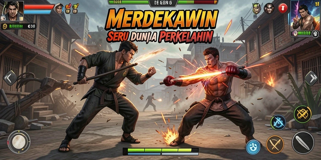 Screenshot gameplay MERDEKAWIN menampilkan pertarungan mendebarkan antara dua karakter.