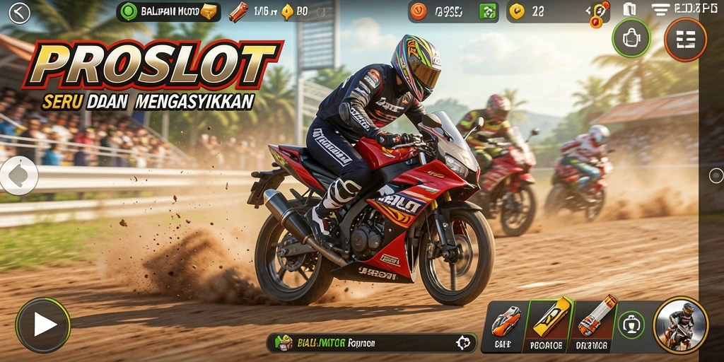 Screenshot gameplay PROSLOT dengan aksi balapan motor yang mendebarkan.