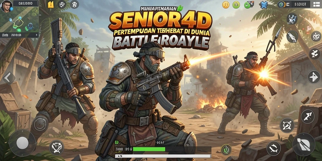 Screenshot utama gameplay SENIOR4D dengan aksi Battle Royale yang seru.